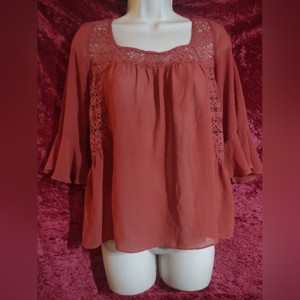 B.envied M Burnt Orange Lace Bell Sleeve Peasant Blouse Top Boho